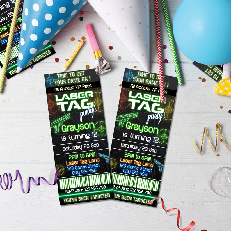 Invitation Tag Roop Laser Tag Birthday Invitation | Ticket Party Template (corjl) LT01 - Etsy