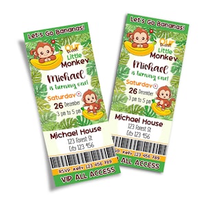 Personalized Little Monkey Banana Birthday Ticket Invitation, Cute Monkey Birthday Invitation, Monkey Party Decorations, Editable Corjl MK01