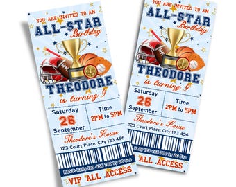 All Star Sports Ticket Invitation, Admit One Pass, Instant MVP01