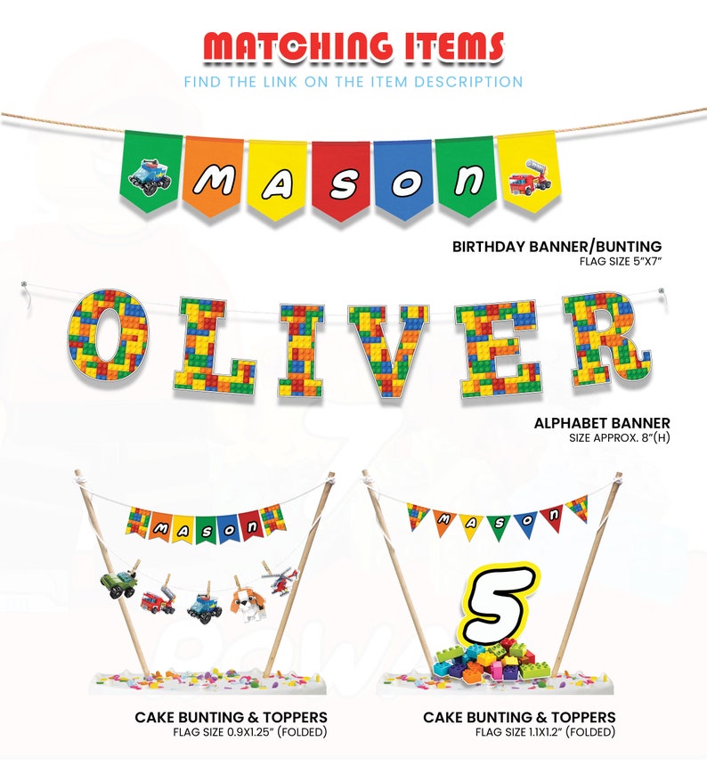 May include: A set of colorful Lego-themed party decorations, including a birthday banner with the name "MASON" and an alphabet banner with the name "OLIVER". The set also includes two cake bunting and topper sets, one with the name "MASON" and the other with the number "5".