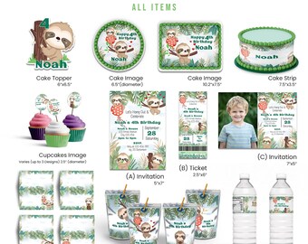 May include: A collection of party supplies for a child's 4th birthday, featuring a sloth theme. Items include a cake topper, cake images, cupcake images, invitations, tickets, food cards, CapriSun labels, and water bottle labels. The color scheme is green, brown, and white.