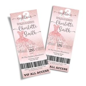 DIY Rose Gold Ticket-Einladung, Glitter Rose Gold-Geburtstagseinladung, Überraschungs-Sweet-Einladung, Geburtstagsdekoration, Digitale Vorlage RG01