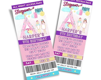 Sleepover Ticket Invitation Digital Download Slumber Party Admit One Pass SO01