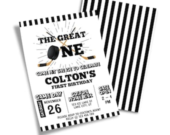 May include: Black and white hockey-themed first birthday party invitation with the text "The Great One" and a hockey puck. The invitation includes details for the party, including the date, time, and location.
