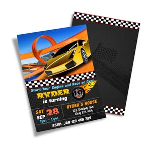 May include: Two-sided invitation with a race car theme. The front features a yellow sports car on a track, with text that reads "Start Your Engine and Race on Over." The back has a checkered flag design.
