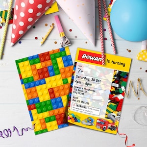 Verjaardagsuitnodiging bouwstenen | Gepersonaliseerde Brick Party (afdrukbaar bewerkbaar Corjl-sjabloon) BL01