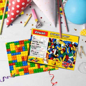 May include: A yellow and red birthday party invitation with a Lego theme. The invitation says "Rowan is having a party and you are an important piece!"  The invitation includes the date, time, and location of the party.