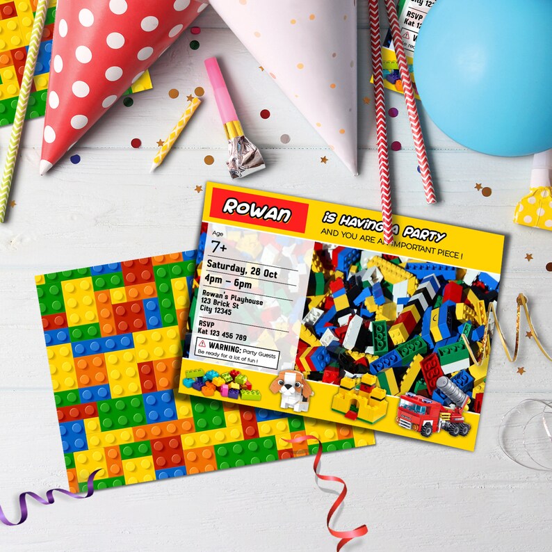 May include: A yellow and red birthday party invitation with a Lego theme. The invitation says "Rowan is having a party and you are an important piece!"  The invitation includes the date, time, and location of the party.