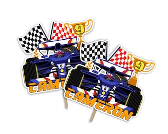 May include: Two blue race car cutouts with the name "CAMERON" in orange letters. Each car has the number 8 on it. Checkered flags and gold trophy cups with the number 9 are also included in the design.