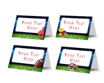May include: Four printable football-themed place cards with a blue and green football field background. Each card has a different football-related icon and the text "Your Text Here".