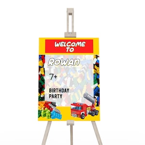 Printable Brick Birthday Welcome Sign | Building Block Birthday Poster | Brick Figures Themed Birthday Decorations | Corjl Template BL01