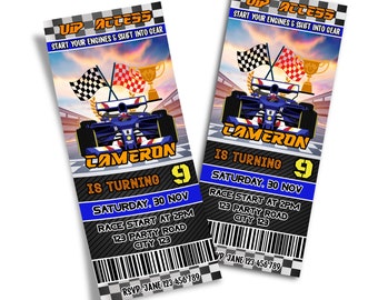 May include: A blue and orange race car ticket invitation for a birthday party. The ticket says "UP Access" and "Start your engines & shift into gear". The ticket is for Cameron's 9th birthday party on Saturday, November 30th at 2pm. The party is at 123 Party Road, City 123. The RSVP number is 123-456-789.