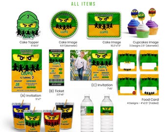 Ninja Birthday Party Bundle, Editable Template (Digital Corjl Template)