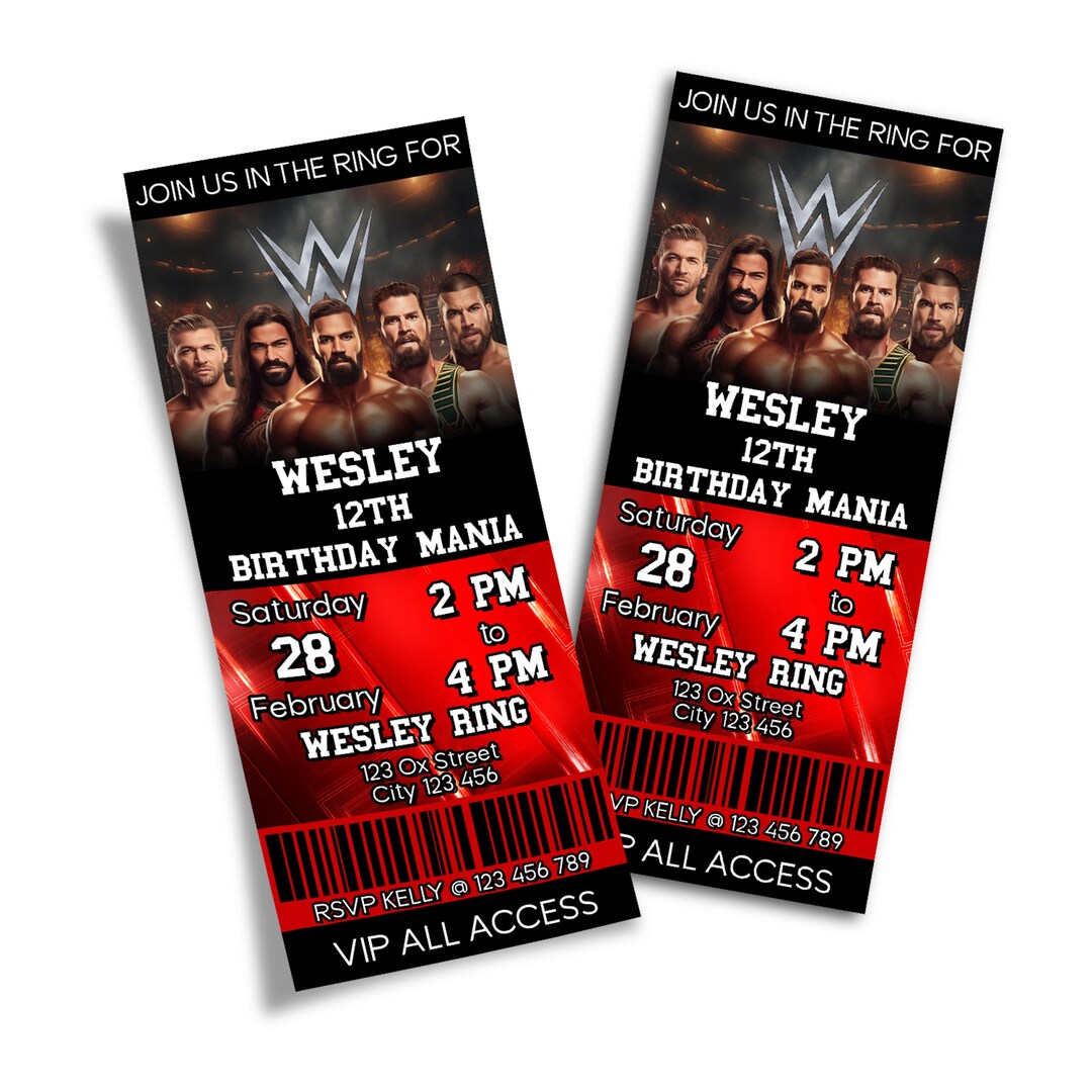 Printable Wrestling Mania Ticket Invitation Wrestle Themed Birthday Invitation Wrestling Party ...