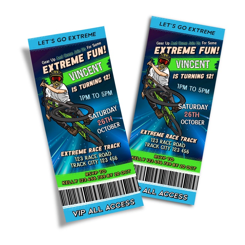 Printable BMX Birthday Ticket Invitation. Editable in Corjl