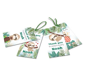 May include: Four rectangular gift tags with green string. Each tag features a cartoon sloth illustration and the text "Thank you for coming to my party Noah". The tags have a jungle theme with green foliage.