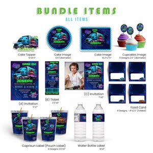 May include: A set of party supplies with a video game theme. Includes cake toppers, invitations, tickets, cupcake images, food cards, Caprisun labels, and water bottle labels. Each item features a blue truck graphic and the name "Joseph".