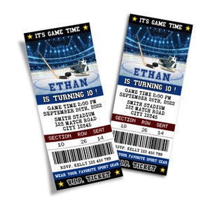 May include: Blue and white hockey ticket invitation for Ethan's 10th birthday party. The ticket says "Ethan is turning 10!" and includes the date, time, and location of the party. It also has a VIP ticket label and a section, row, and seat number.