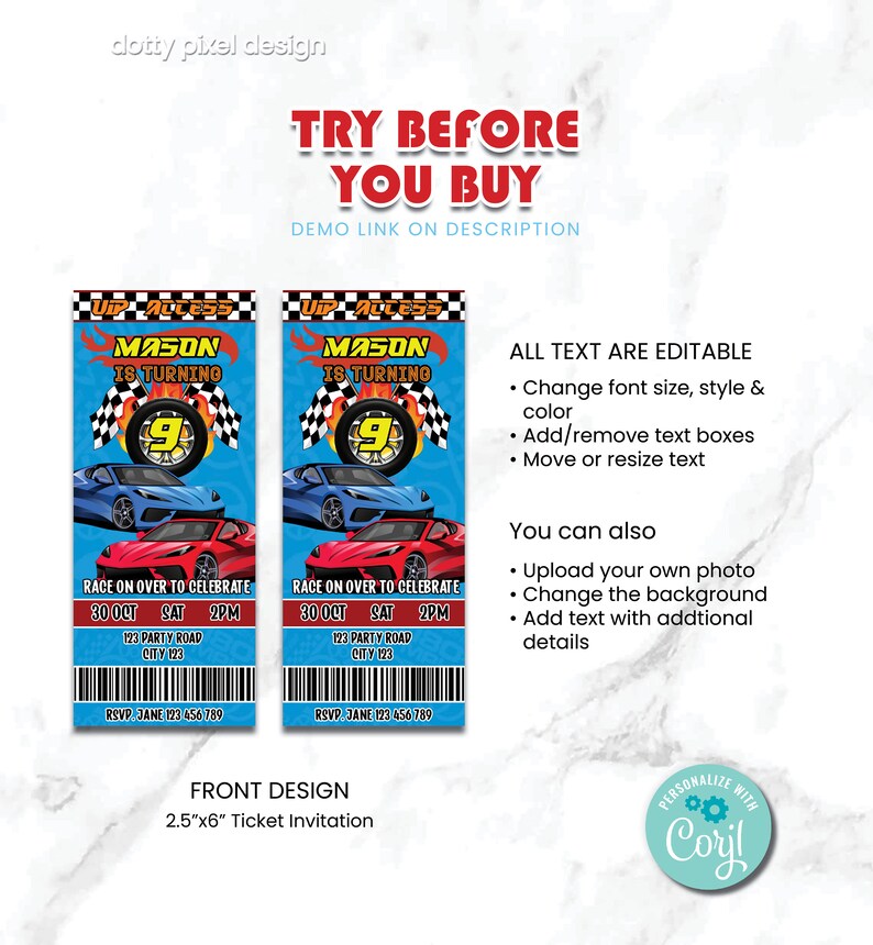 Printable Race Car Ticket Invitation Race Car Birthday Party Etsy
