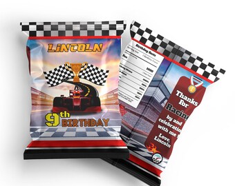 May include: Red, white, and black chip bag with a checkered pattern. The bag features a race car, a checkered flag, and a trophy. The text "Lincoln 9th Birthday" is printed on the bag.