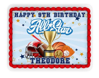 All Star Sports Square Cake Topper, Custom Party Decor, Printable MVP01