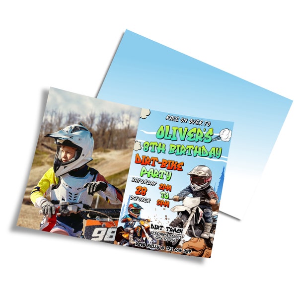 Editable Dirt Bike Birthday Invitation Template with Picture | Printable Motor Cross Photo Invitations | Corjl Template DB01