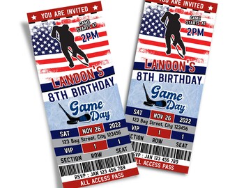 Hockey Birthday Ticket Invitation | Hockey Invitation Ideas | Hockey USA Ticket invitation | Printable Template Corjl HK01