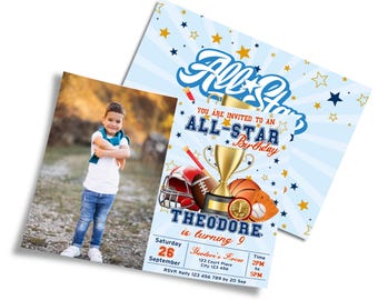 All Star Sports Photo Invitation, Birthday Invite, Printable MVP01