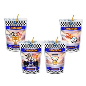 May include: Four juice pouches with racing-themed designs. Each pouch features a blue and white checkered pattern, the name "Cameron", and racing graphics like flags, a trophy, a race car, a medal, and flames. The text "18 TURNING 9" is also visible.