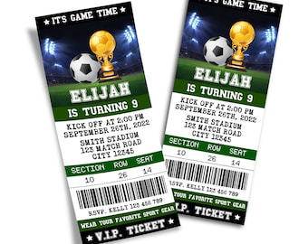 May include: Green and black ticket invitation for a birthday party with a soccer ball and trophy graphic. The text reads "Elijah is turning 9" and includes details about the party, including the date, time, and location. The ticket also has a VIP label.