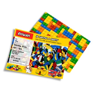 A high resolution digital invitation featuring a colorful border of toy bricks and a central yellow building plate for event details. The background is a crisp white, allowing the primary colors to shine. The text uses a modern, blocky font that mimics the construction theme. This design is clean and energetic, providing all the necessary party information in an easy to read format that perfectly sets the tone for a fun building block birthday party.
