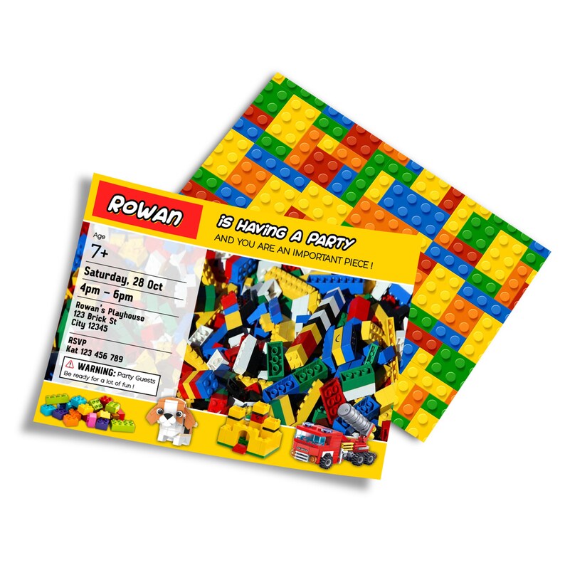 A high resolution digital invitation featuring a colorful border of toy bricks and a central yellow building plate for event details. The background is a crisp white, allowing the primary colors to shine. The text uses a modern, blocky font that mimics the construction theme. This design is clean and energetic, providing all the necessary party information in an easy to read format that perfectly sets the tone for a fun building block birthday party.