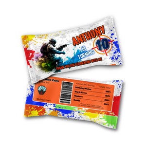 Étiquette imprimable pour quilles de paintball | Emballage pour barre chocolatée Paint Ball | Décorations d'anniversaire sur le thème du camouflage militaire | Modèle Corjl modifiable PB01