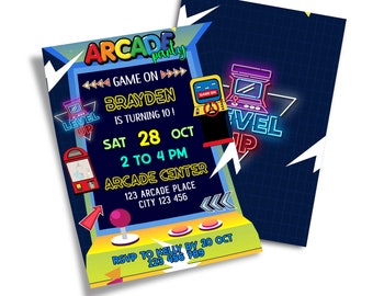 May include: An arcade-themed party invitation with a vibrant design. The invitation features a colorful arcade machine graphic, the text "ARCADE party", and event details including the name "BRAYDEN", date, time, and location. The back of the invitation has a matching design.