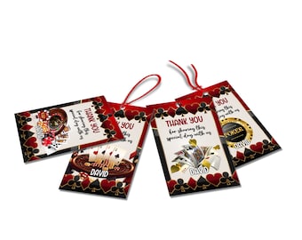 May include: Four red and black favor tags with a casino theme. The tags feature playing cards, poker chips, and the text "Thank You for sharing this special day with us". The tags are personalized with the name "David".
