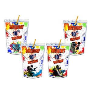 Étiquette imprimable Paintball Capri soleil | Décorations de fête Paint Ball | Emballage de jus camouflage Army | Modèle Corjl modifiable PB01