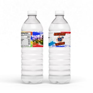 May include: Two clear plastic water bottles with colorful labels. The label on the left bottle has a colorful paint splatter design. The label on the right bottle has a blue, red, and white paint splatter design with the text "ANTHONY 10th BIRTHDAY".