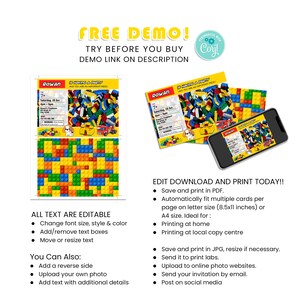 May include: Editable printable invitation for a birthday party with a Lego theme. The invitation features a colorful Lego brick pattern, a cartoon dog, and a toy truck. The text on the invitation says "Rowan is having a party".