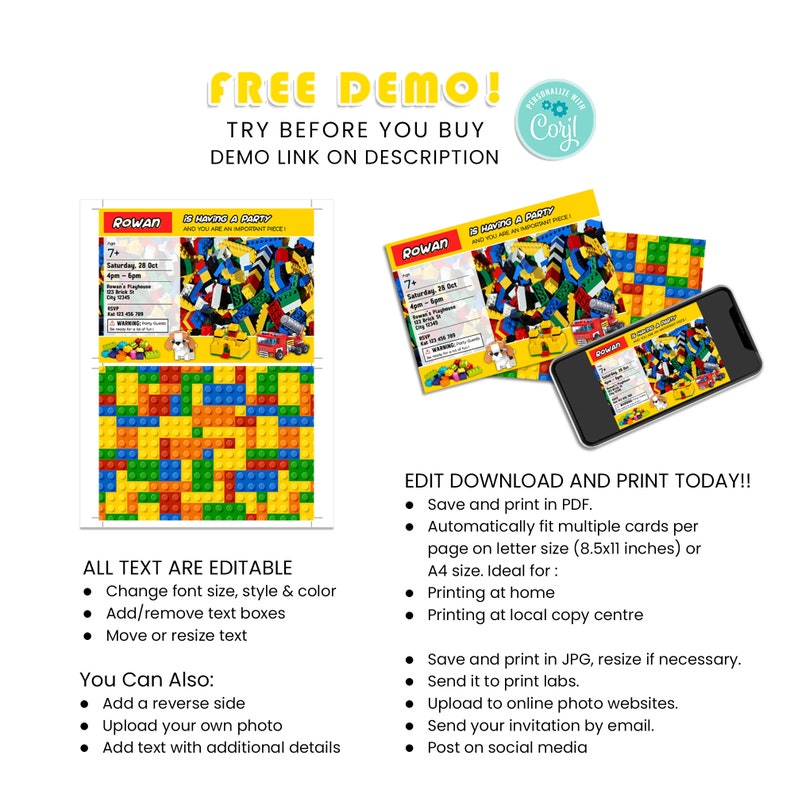 May include: Editable printable invitation for a birthday party with a Lego theme. The invitation features a colorful Lego brick pattern, a cartoon dog, and a toy truck. The text on the invitation says "Rowan is having a party".