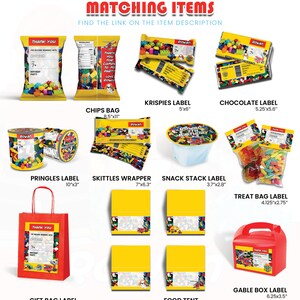 May include: A set of printable party favor labels featuring a Lego-themed design with a yellow background and colorful Lego bricks. The labels are for a birthday party and include a variety of sizes for different types of party favors, such as chip bags, treat bags, gable boxes, and snack containers. The labels feature the name "Rowan" and the age "7".