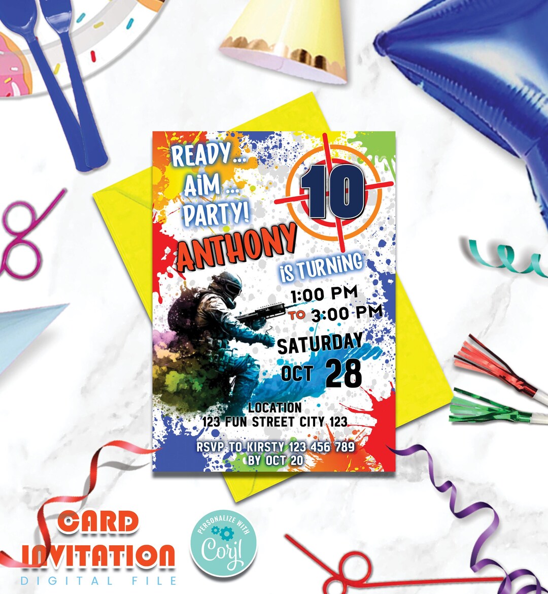 Printable Paintball Invitation Paint Ball Birthday Etsy