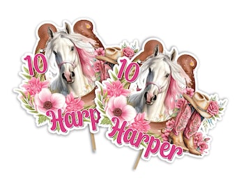 May include: Two decorative horse-themed party decorations. Each features a white horse with pink accents, surrounded by pink flowers and greenery. The number "10" and the name "Harper" are also displayed. Cowboy boots and a hat are also included.
