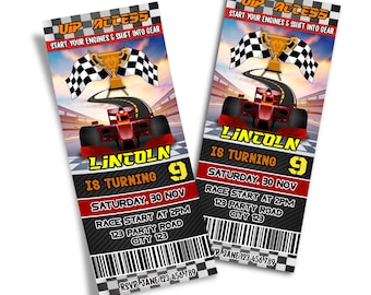 May include: A red and black race car ticket invitation for a birthday party. The ticket says "Lincoln is turning 9" and includes the date and time of the party. The ticket has a checkered flag design and a gold trophy.