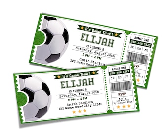 May include: Green and white ticket-style invitation for a soccer-themed birthday party for Elijah, who is turning 9. The invitation features a soccer ball graphic and the text "It's Game Time!" and "Elijah is turning 9".