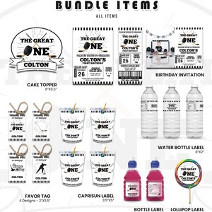 May include: A collection of party supplies with a hockey theme, including a cake topper, invitations, water bottle labels, favor tags, Capri Sun labels, bottle labels, and a lollipop label. The items feature the text "The Great One" and "Colton's First Birthday".