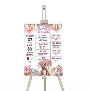 May include: A pink and white printable milestone chart for a 2nd birthday with a fairy theme. The chart includes the child's age, weight, height, and other milestones. The chart is decorated with fairies, flowers, and a whimsical forest scene.