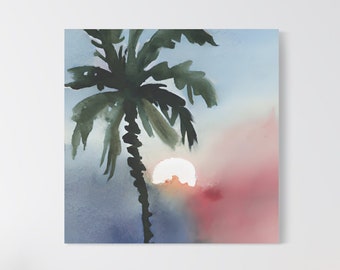 Stampa su tela con palma ad acquerello, arte murale costiera