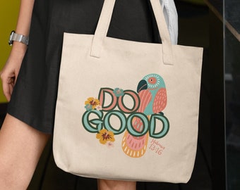 Borsa tote retrò in tela "Do Good", borsa riutilizzabile con uccelli tropicali, borsa tote in tela ispiratrice per lei, borsa tote ecologica, regalo da donna.
