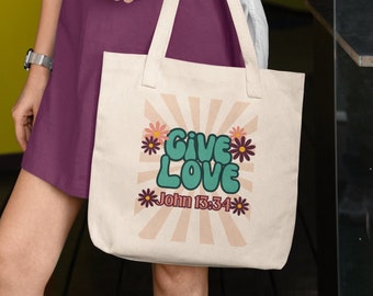 Borsa tote retrò Give Love Canvas Borsa riutilizzabile Inspirational Flower Power Canvas Tote Bag John 13 Bible Verse Bag Canvas Tote Regalo per lei