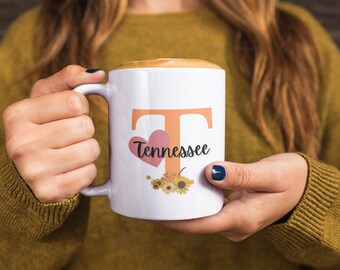 Women's Tennessee Coffee Mug, Power T Tennessee Mug with Flowers, 15oz Tennessee Mug for Vol Fan, Gift for Tennessee Fan, UT Football Mug